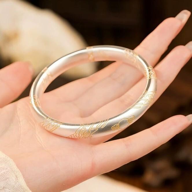 White Copper with Gold-painted Dragon Design, Traditional Chinese Zodiac Style, Closed Bangle for Women, Plated with Pure Silver, Non-fading Bracelet