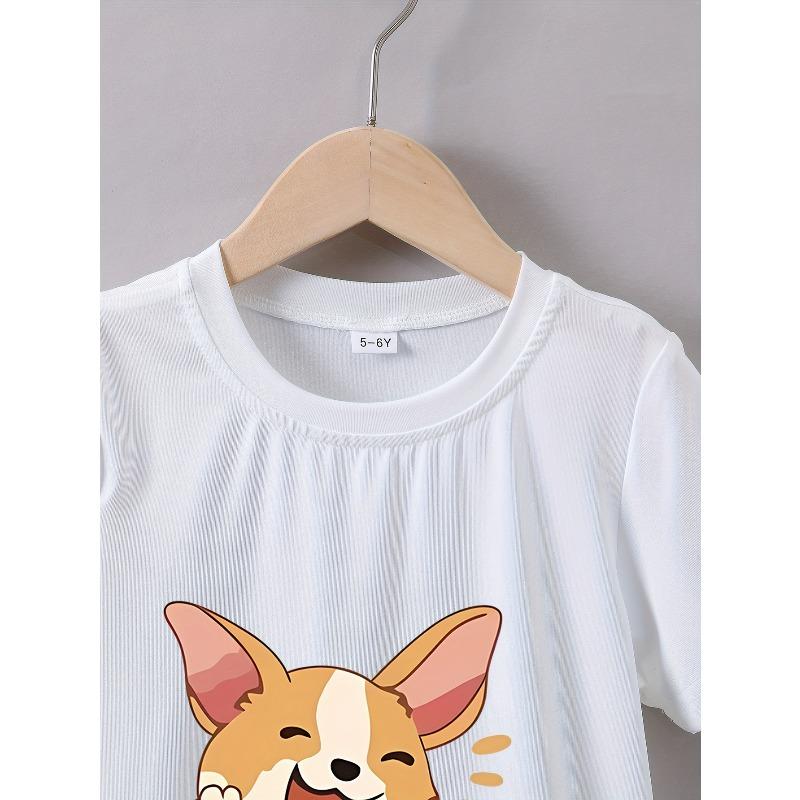 Kids Crewneck Short Sleeve Tee, Cute Corgi Puppy Letter Print Round Neck Summer Casual Top