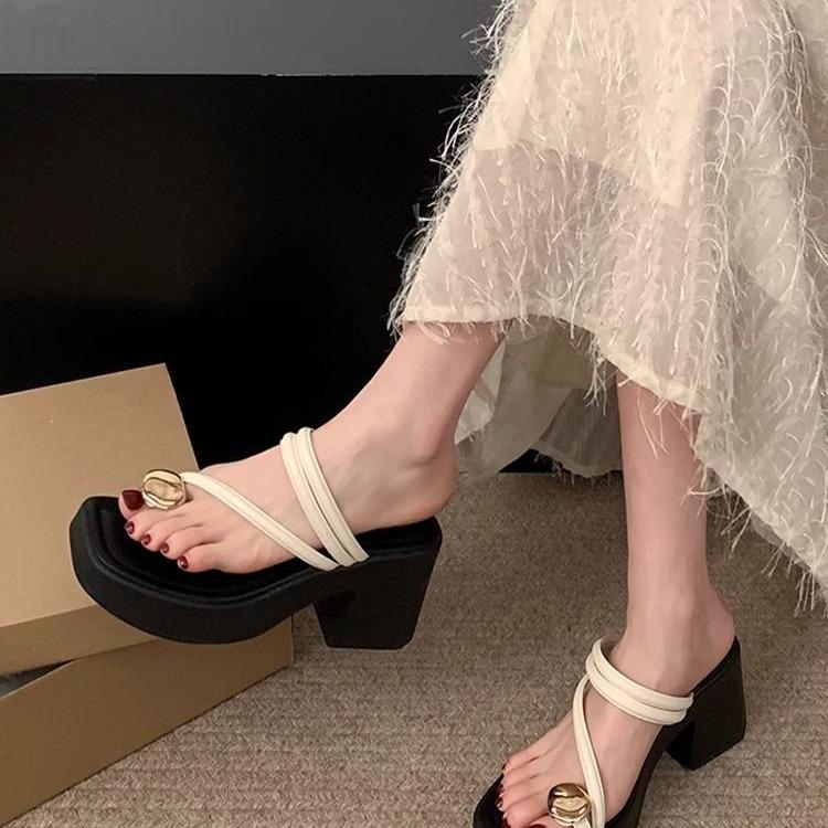 French beautiful cool slippers wear 22 new summer high-heeled high-heeled thick-soled toe slippers