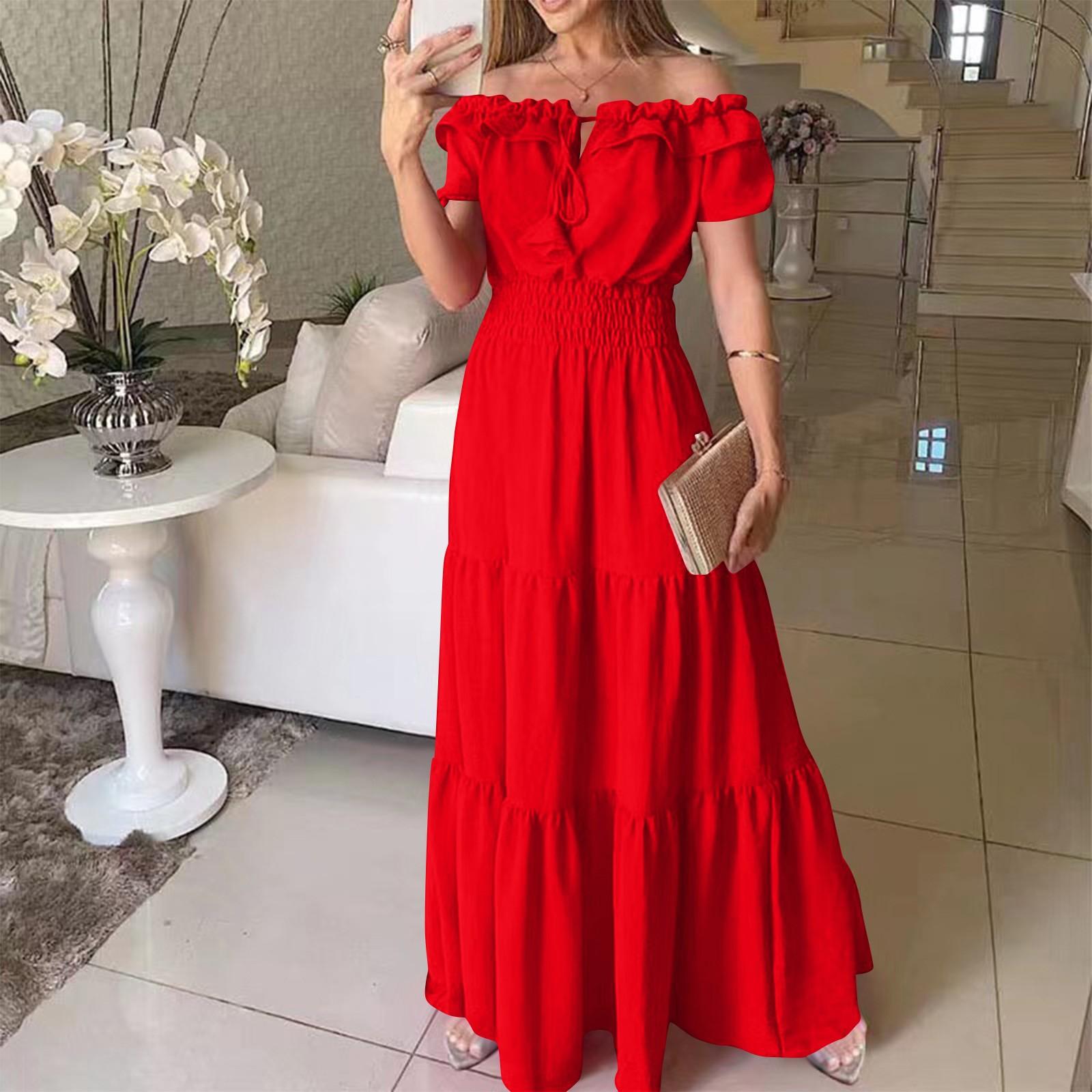 

Women s Summer Casual -color Tie Dress With Fringes, Strapless Cuffs And Puffed Sleeves S червоний