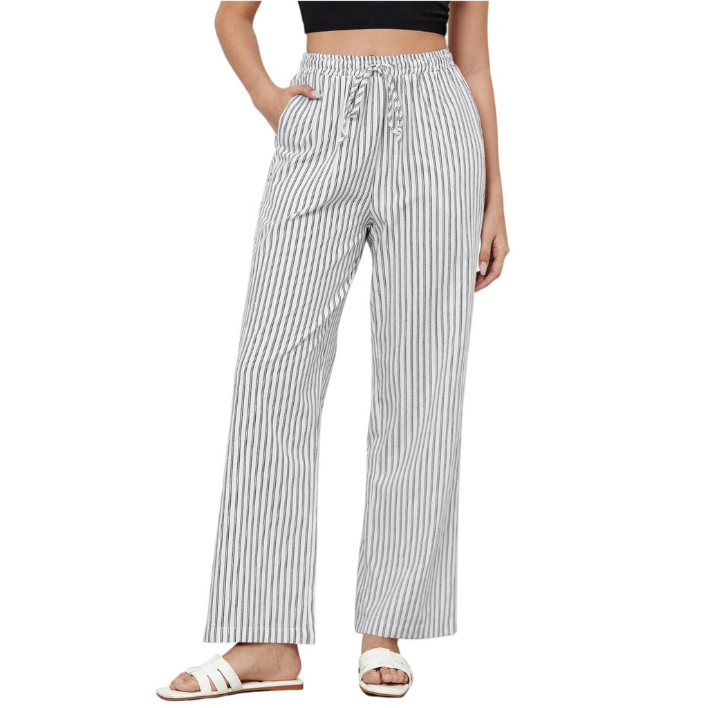 Striped Pants For Women High Waisted Wide Leg Cotton Linen Trendy Beach Pull On Elastic Waist Casual Flowy Pants