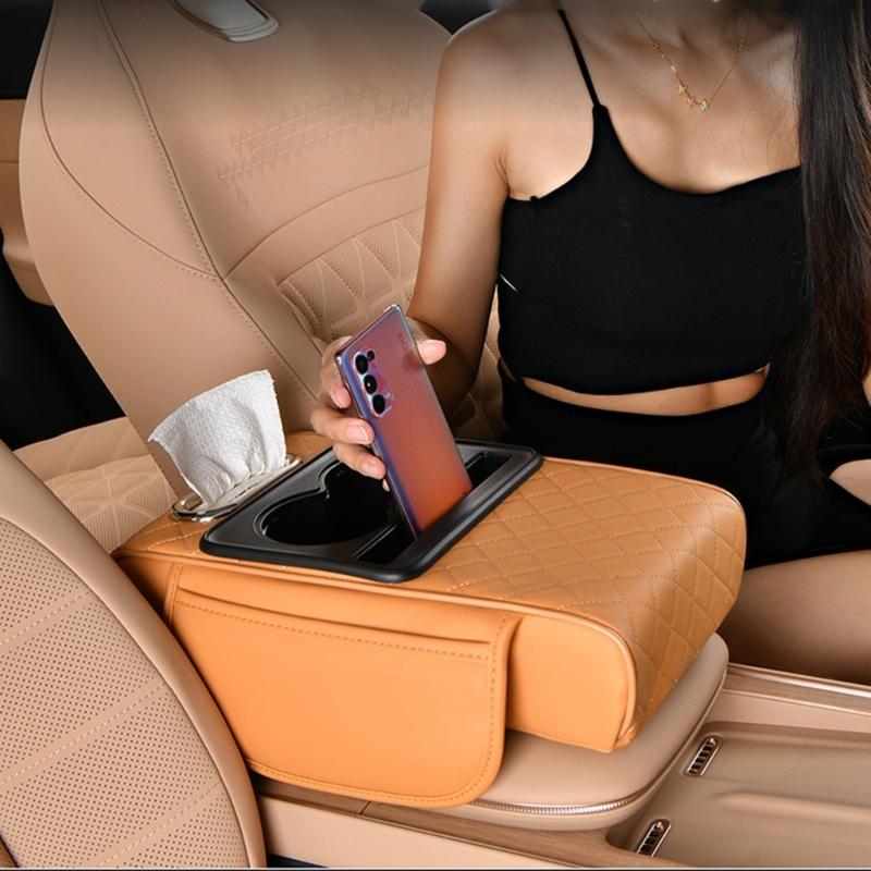 Car Armrest Box Thicken Height Pad Arm Rest Cushion with Pocket Tissue Cup Holder Elbow Support Universal