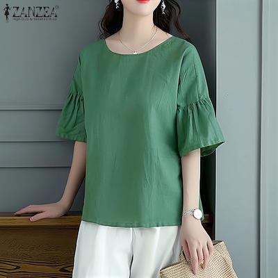 Women Casual O-neck Summer Ruffles Half Sleeve Blouse