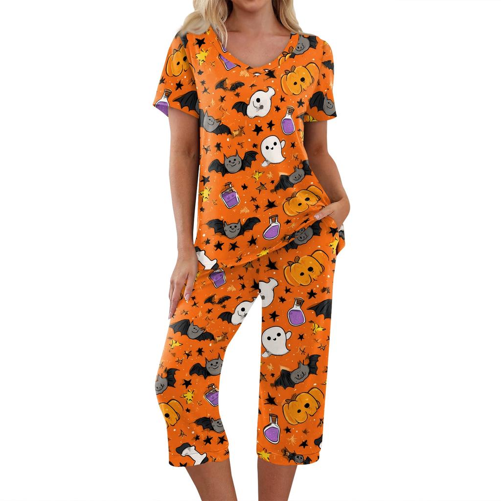 Damen Halloween Zweiteiliges Outfit Set - Lässiges Kurzarm-Oberteil und Bedruckte Hose, Bequeme Sportbekleidung für Feiertagspartys