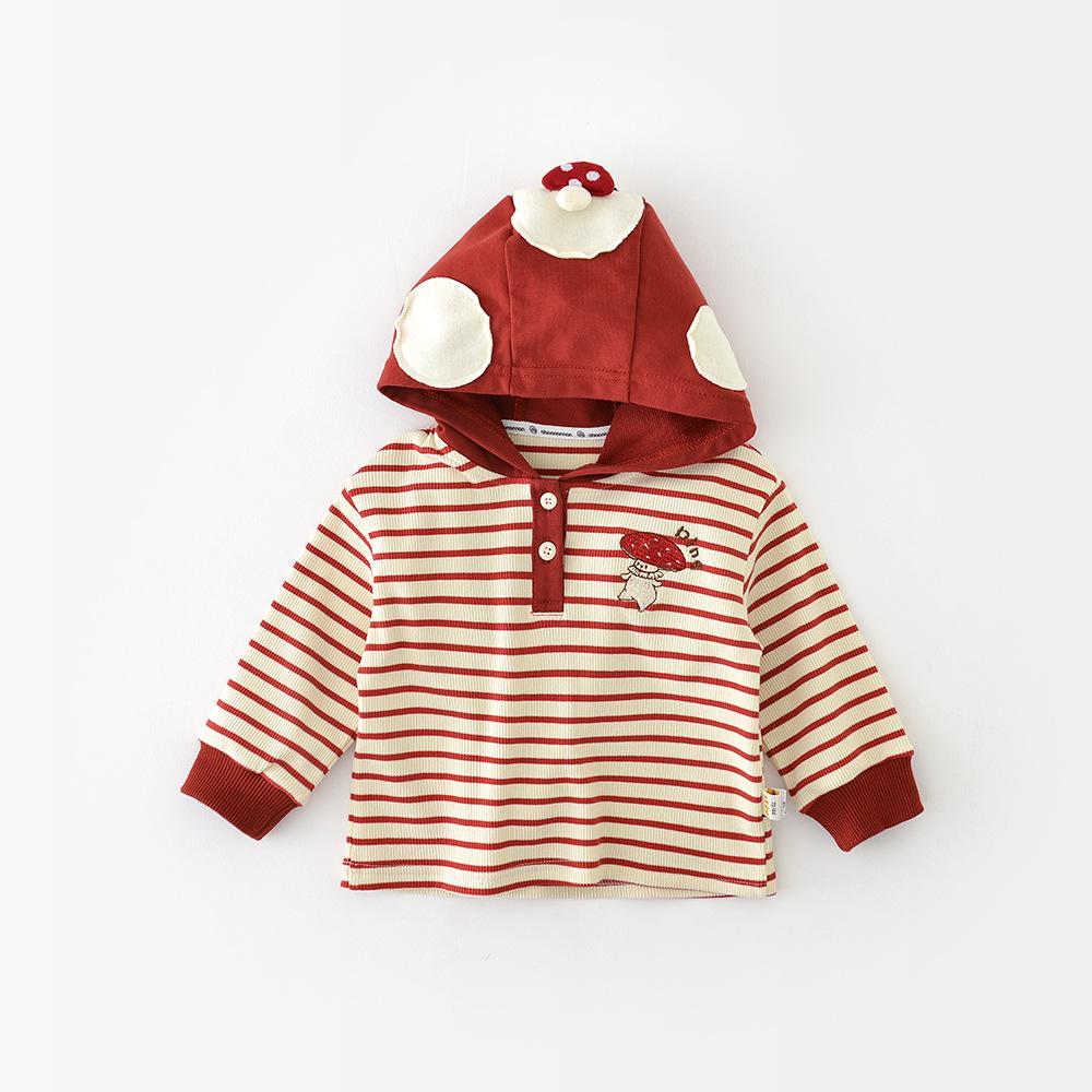 

Детская осенняя новая футболка, милый мультяшный маленький грибной полосатый топ, детская свободная рубашка 100cm