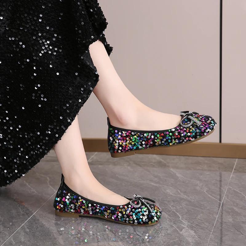 Fashion Shoes Female 2025 Fashion Shallow Women's Flats New Daily Plus Size Sequins Butterfly-knot Light Soft Bottom Flat Low Heels