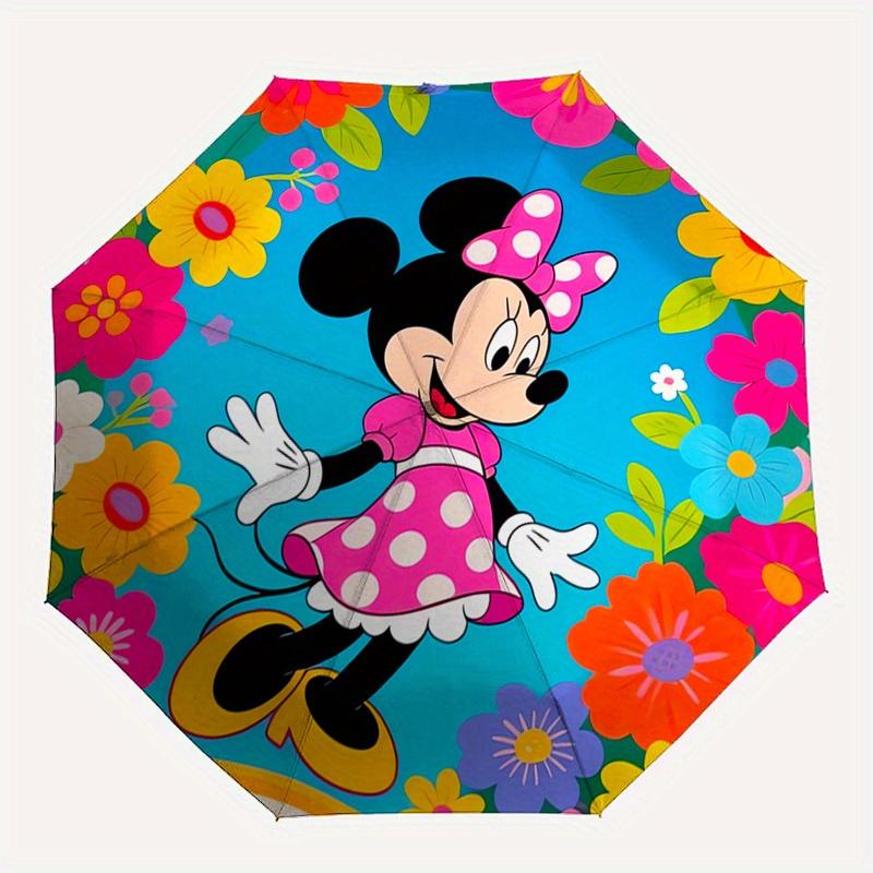 Minnie Mouse, Flowers Automatic Opening and Closing Umbrella, Compact Travel Umbrella, Lightweight and Portable, Suitable for Beach Commutin