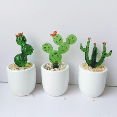 Creative Glass Cactus Ornament Mini Desktop Plant Decor for Office Home Handcrafted Decorative Flower Gifts for Plant Lovers & Desk Accessory