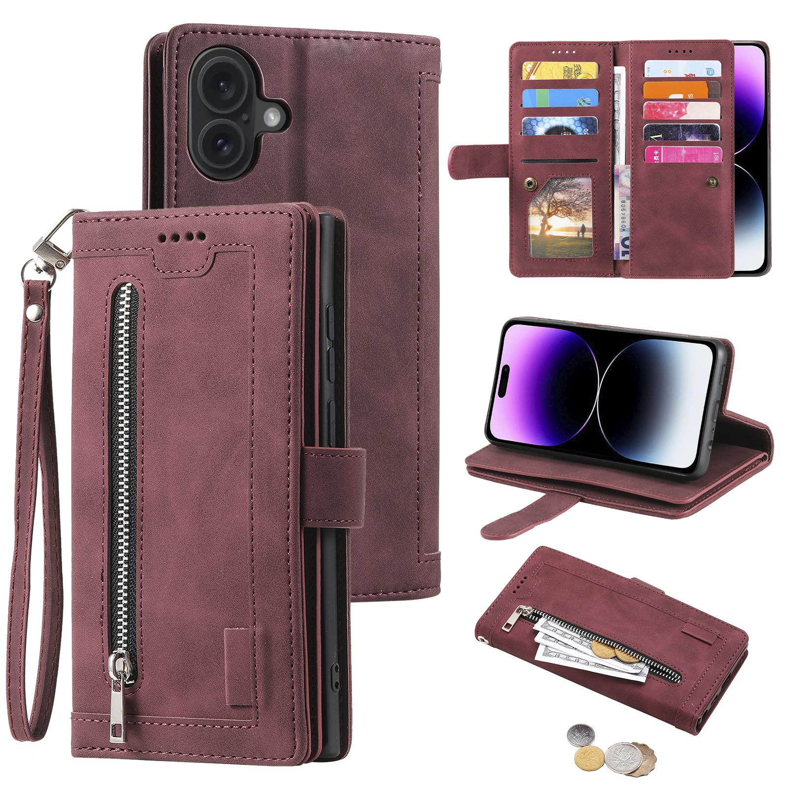 

For iPhone 16 Plus Case Zipper Pocket 9 Card Slots PU Leather Phone Cover Wine Red