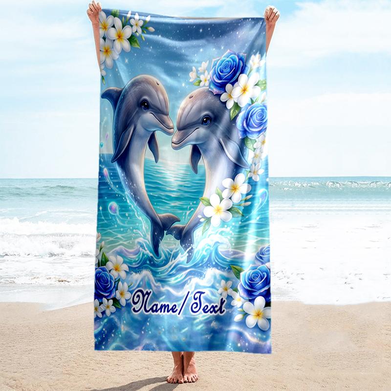 1PC Custom Name Dolphins Heart Shape Beach Towel Highly Absorbent And Sand-Resistant Towel for Swimming, Pool, Yoga, And Travel Lightweight