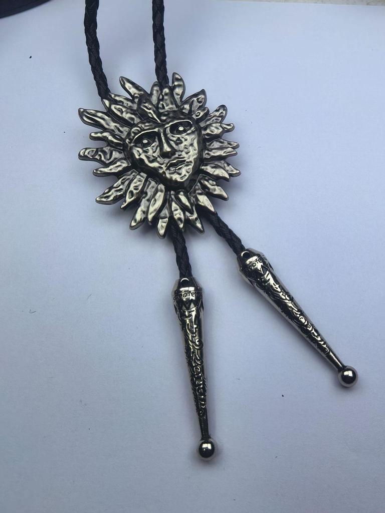 Eagle Head Sunflower Pendant Bolo Tie with Leather Woven Necklace