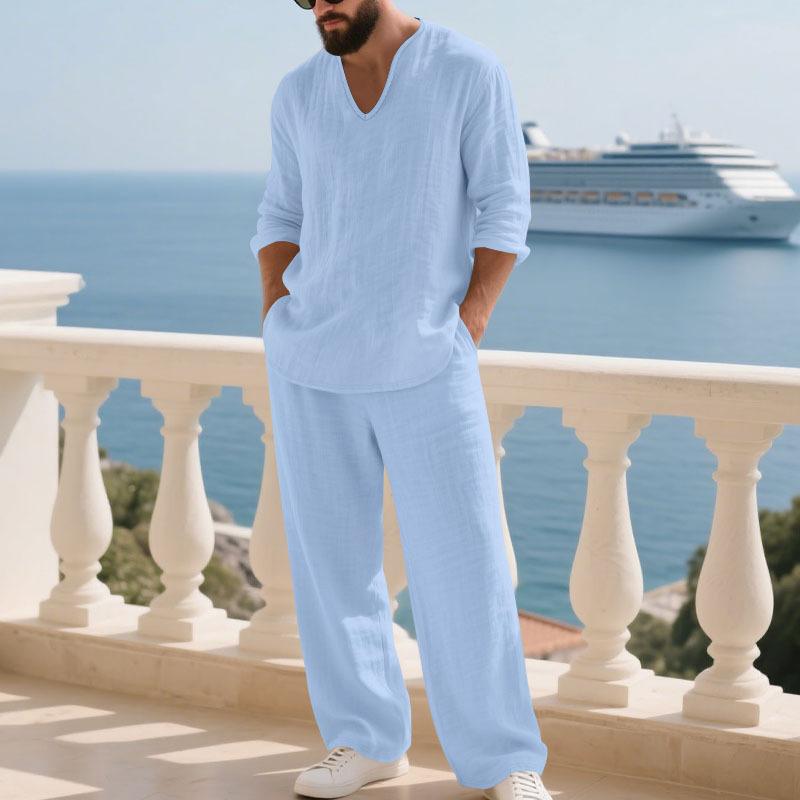 Men's Linen Long Sleeve Shirt and Pants Set Relaxed Fit Casual Holiday Two Piece Outfit