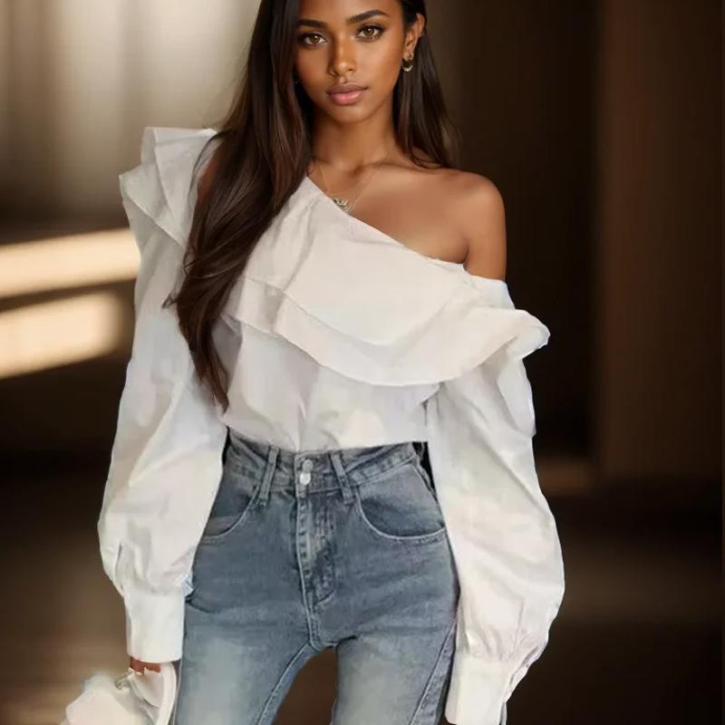 Vintage Ruffled Off Shoulder White Blouse Women Fashion Long Sleeve Loose Elegant Shirt Women Slim Fit Casual Slash Neck Sexy Tops 24304