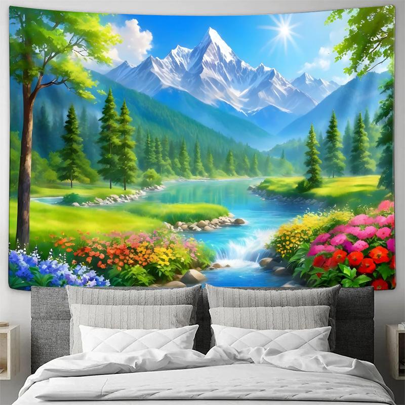 

Cartoon Mountain River Flower Garden Wall Tapestry Machine Washable All Season Decor Art Print Nature Design Home Bedroom 74x94cm(29x37in)