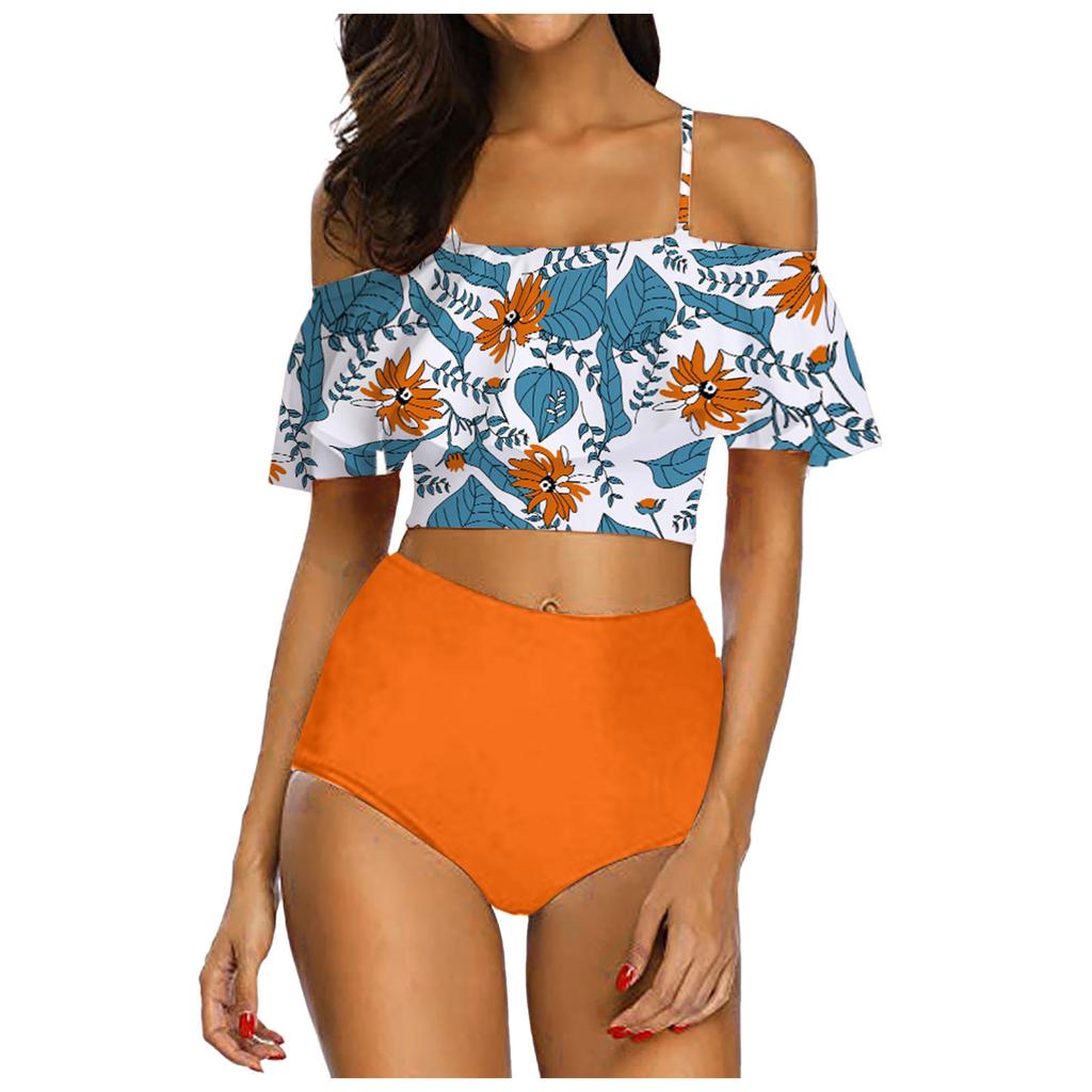 Zweiteiliges Badeanzug-Oberteil für Damen mit Rüschen und hoch tailliertem Bikini-Set