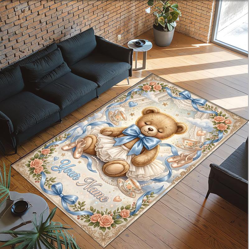 Teddy Bear Theme Crystal Velvet Rug Personalized Custom Name Text Soft Floor Mat Home Decor