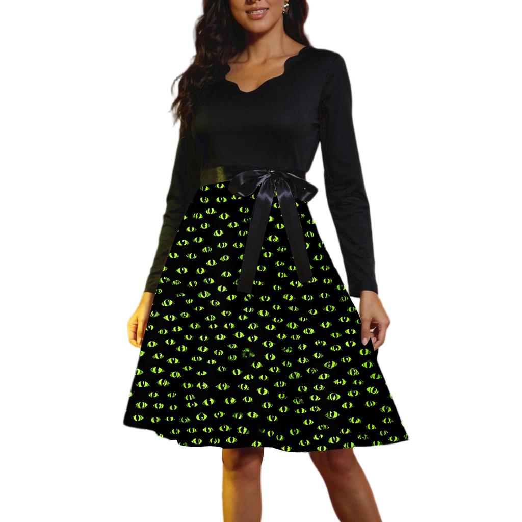 Women's Casual Fashion Long Sleeve  Halloween Graphic Printed Vintage Long Dresses