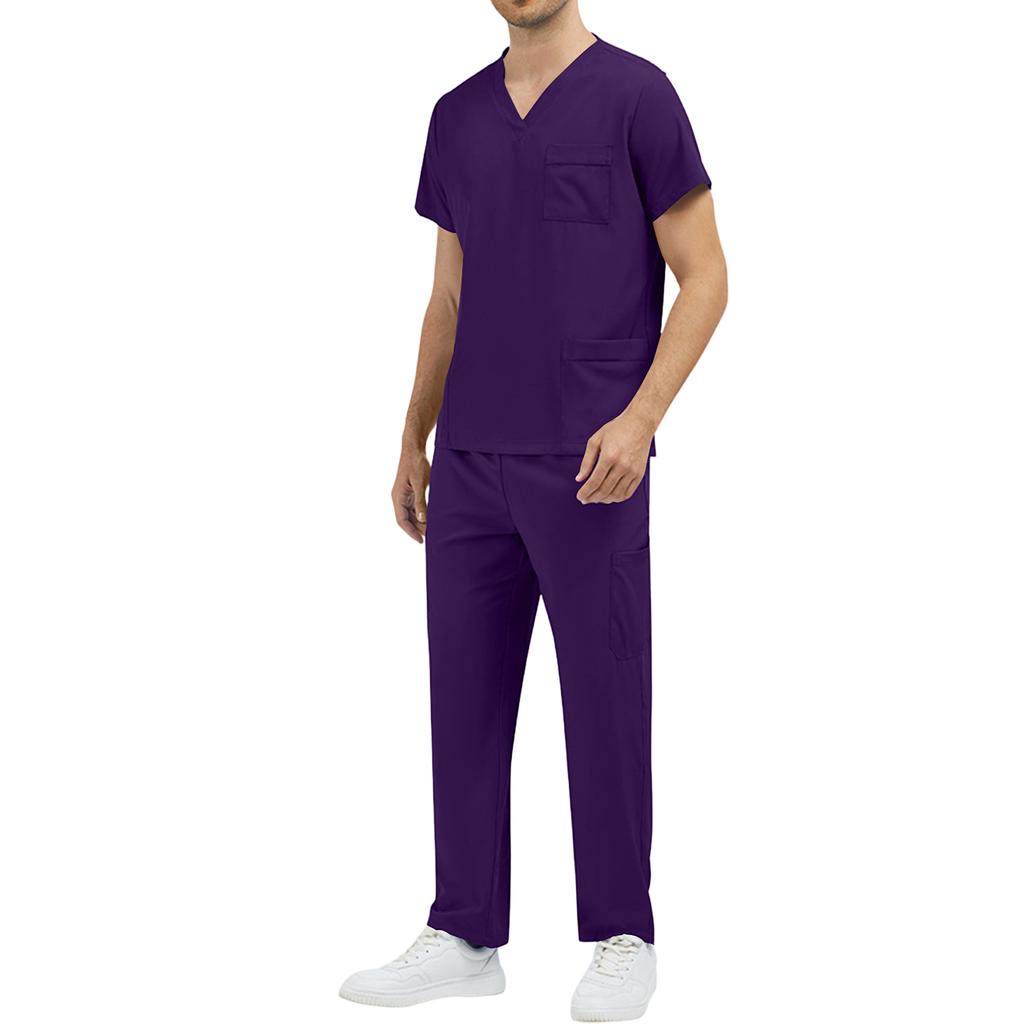 Men’s V Neck Short Sleeve Scrub Set Two Piece Uniform with Chest Pocket and Straight Leg Pants for Medical Work
