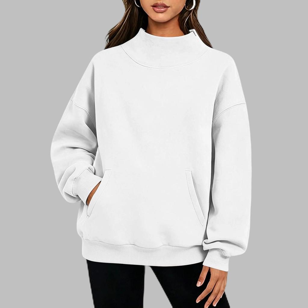 Women's Casual -Lined Sweatshirt with Pockets - Color High Neck Pullover for Everyday Wear