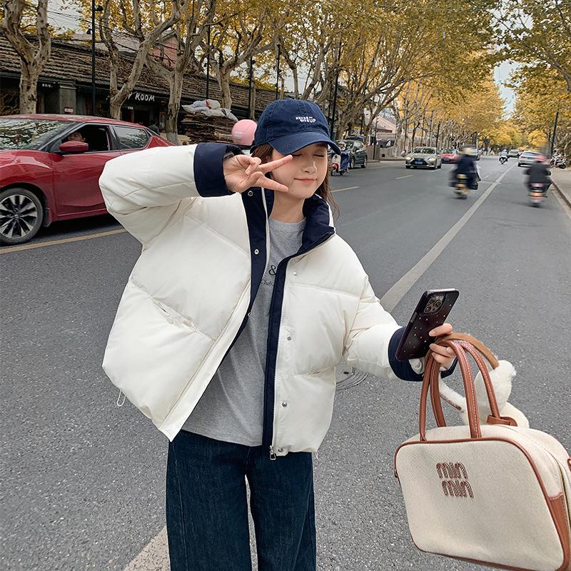 2025 new down cotton clothes women's short stand-up collar loose contrasting colors thickened loose warm bread clothes Korean version jacket