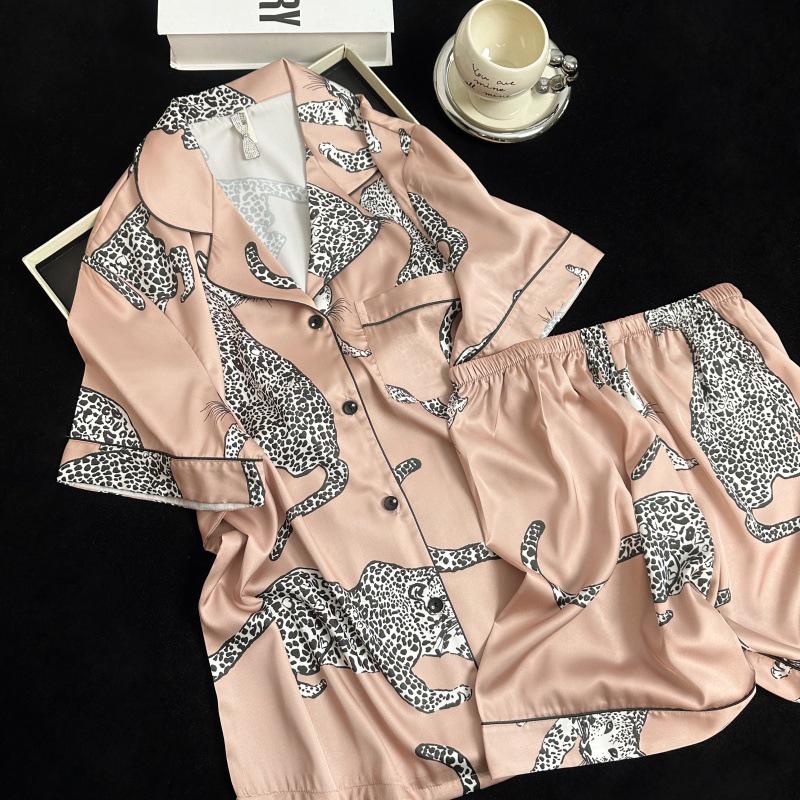 Yase Spring Pink Leopard Ice Silk Pajama Set – Women s Short Sleeve Shorts Sweet Homewear Large