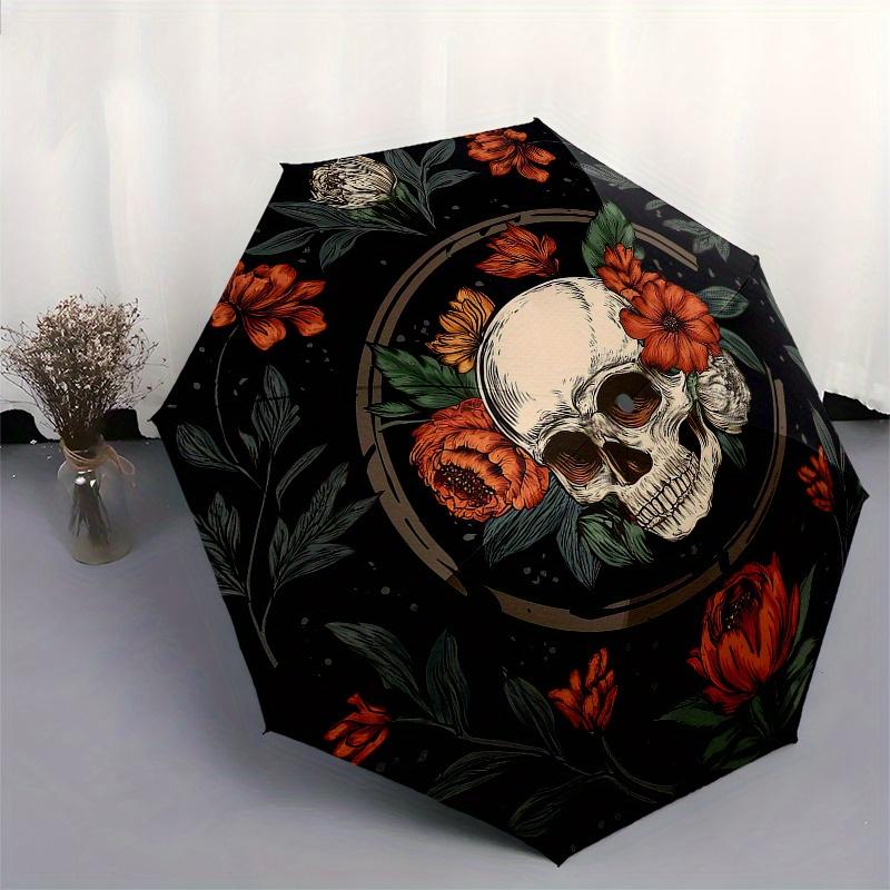 Day of the Dead Skull & Flowers Circular Art PrintUmbrella, Portable 3-Fold Umbrella for Men & Women,Christmas Gift ES349