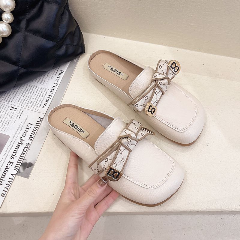 Baotou half slippers women's summer wear 2025 new flat-bottomed bow non-slip lazy Muller French cool slippers