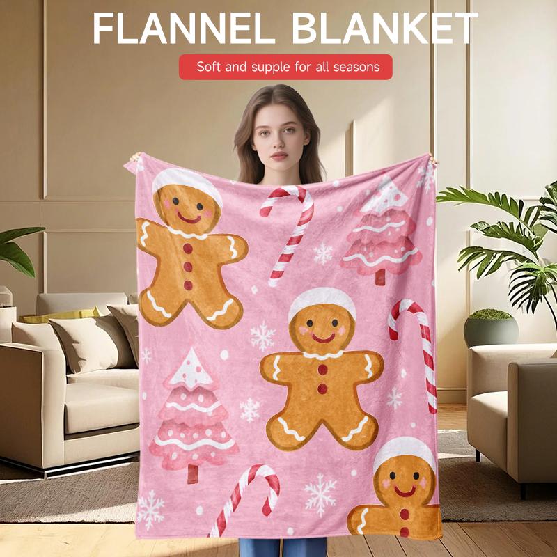 Christmas Gingerbread Flannel Blanket, Multi-purpose Camping Nap Blanket Bed Sofa Bedding Home Decoration Halloween Christmas