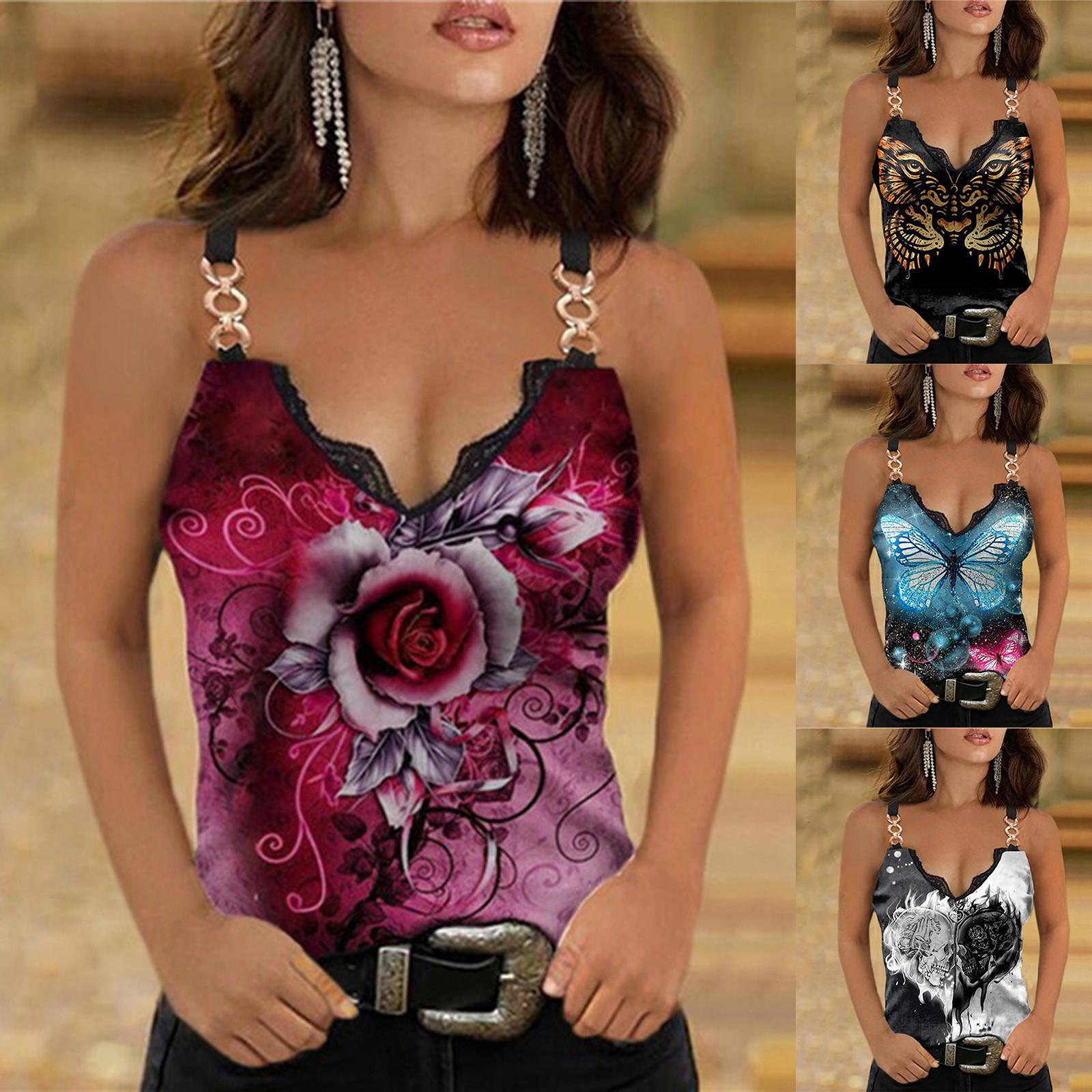 

Fashion Women V-neck Printed Chain Pullover T-shirt Casual Loose Sexy Sling Tops