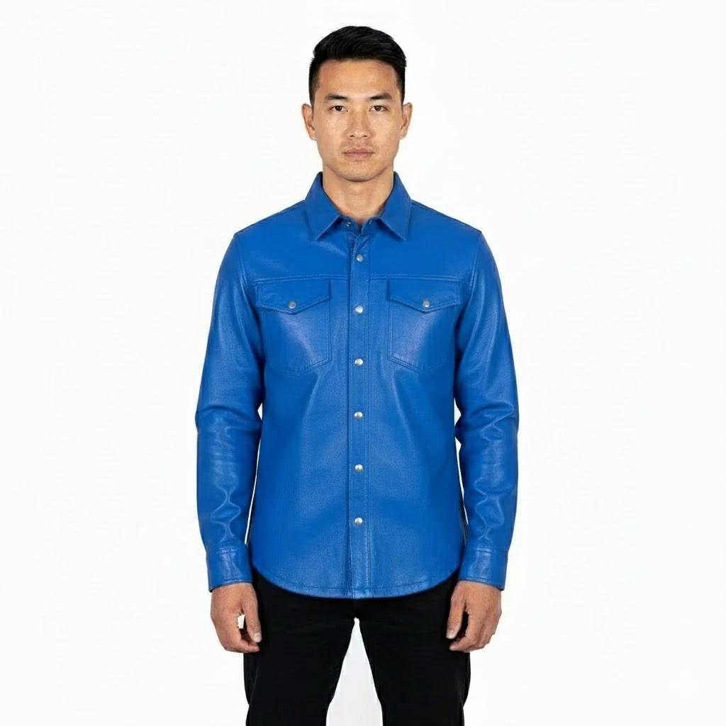 

Real Lambskin Handmade Stylish Casual Motorcycle Royal Blue Leather Men s Shirt 3XL синий