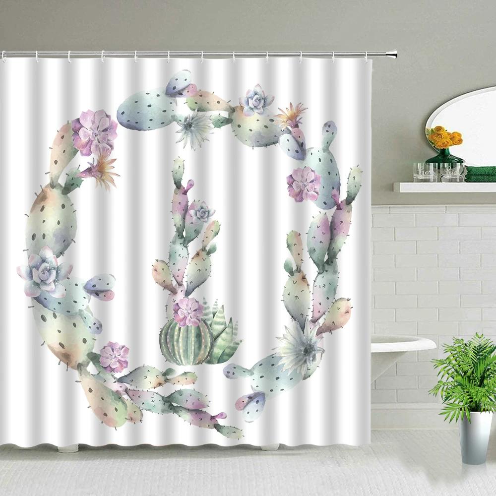 Hower Curtains of Textile Water Color Cactus Flower Tropical Plants Colorful Succulents Pattern Bathroom Shower Curtain Set
