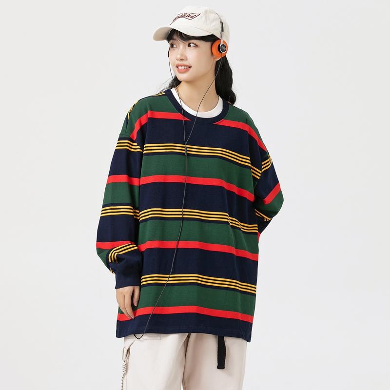 

Весна и Осень Новые Мужские и Женские Толстовки Повседневная Красивая Футболка с Длинным Рукавом Уличная Полосатая Толстовка с Круглым Вырезом для Пары 3XL темно-синий