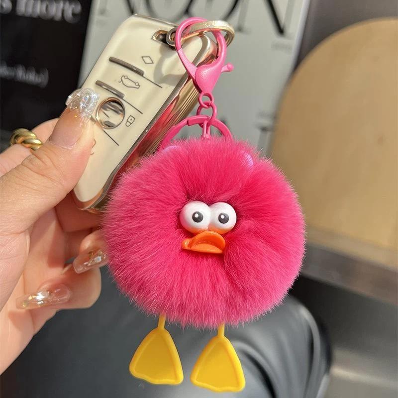 Cute Fluffy Duck Pom Pom Keychain Soft Faux Fur Little Pendant Decor Gift For Girls Students Daily Use