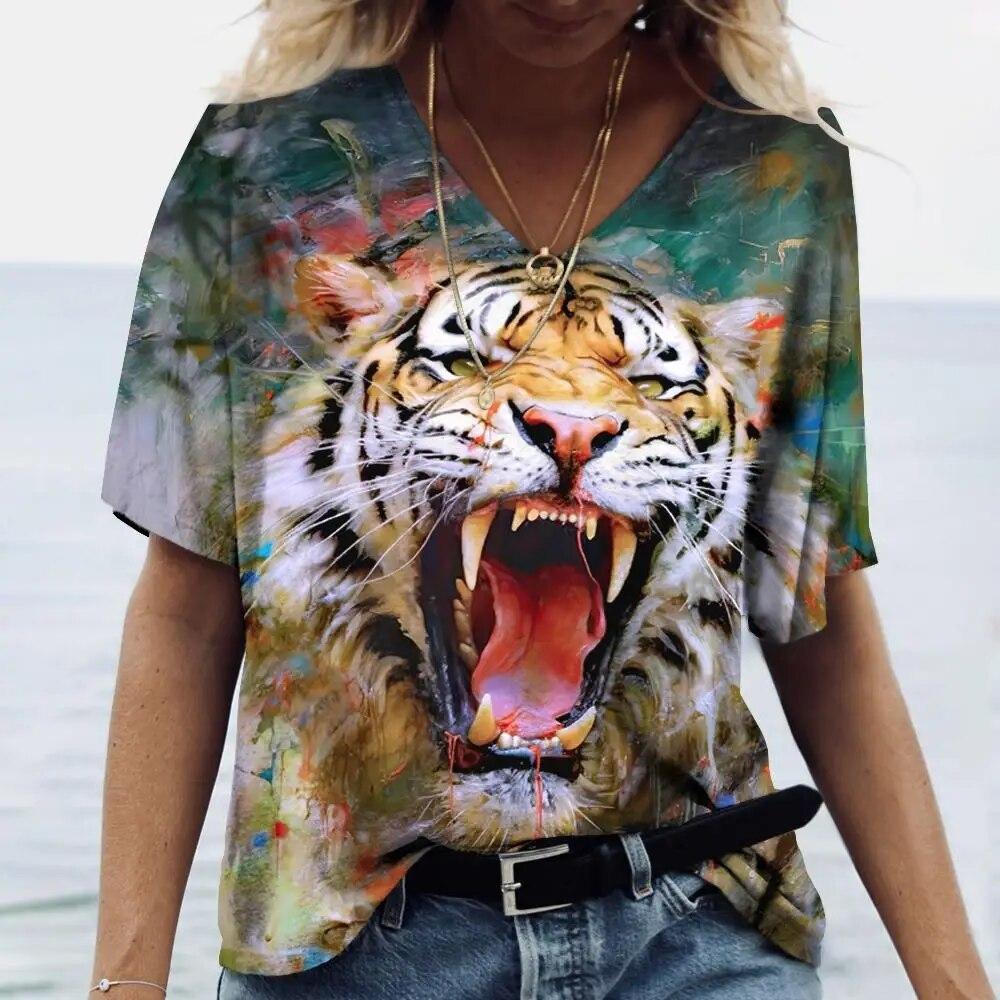 Summer V-neck 3D Animal Pattern Printed Top Fashionable Casual Short Sleeved Women's T-shirts