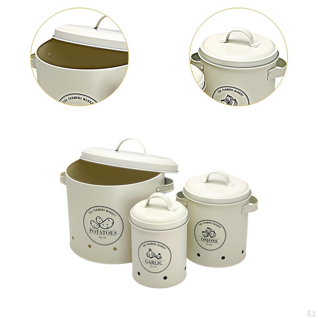 3x Vegetable Storage Tin White Container Potato and Onion Bin for Countertop
