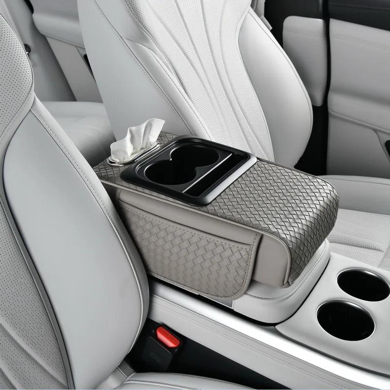Car Armrest Cushion with Tissue Box Bottle Cup Holder And Phone Storage Pocket Auto Interior Arm Rest Pad for Truck Vehicle