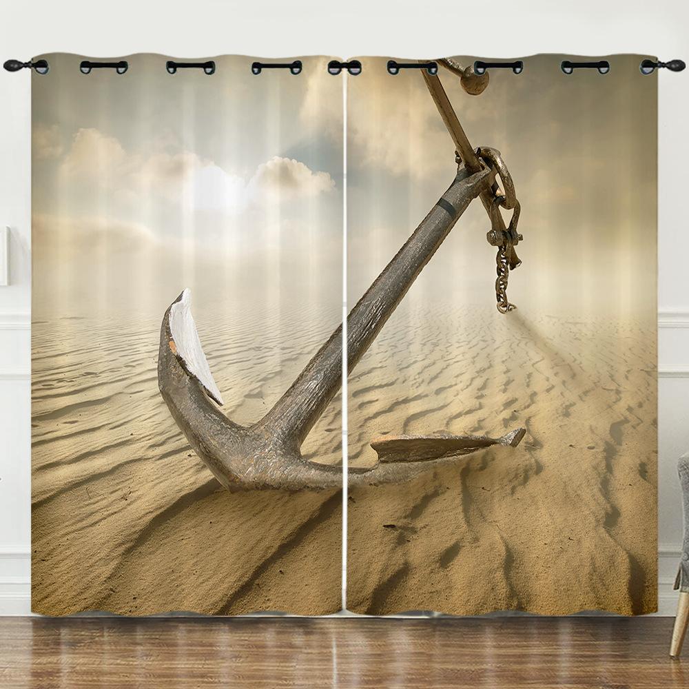 Curtains Nautical Anchor 3D Digital Printing Blinds Blackout Punching Can Be
