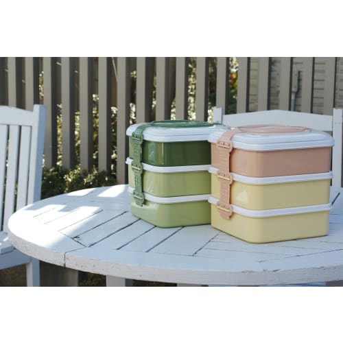 Sanko Plastic Rio Pack Bento Box/Picnic Case, 3 Tiers with 3 Side Plates, Earth Beige, Approx. 8.2" W X 7.7" D X 7.7" H
