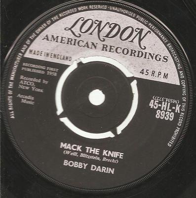 Disco de 7 polegadas BOBBY DARIN - Mack The Knife 45HLK8939 London Records 1959 Reino Unido Pop Usado