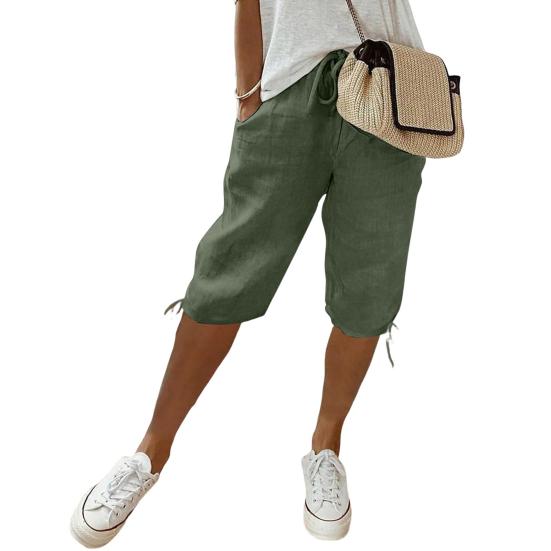 Women Shorts Elastic Mid-Waist Adjustable Drawstring Yoga Running Shorts with Pockets Solid Color Loose