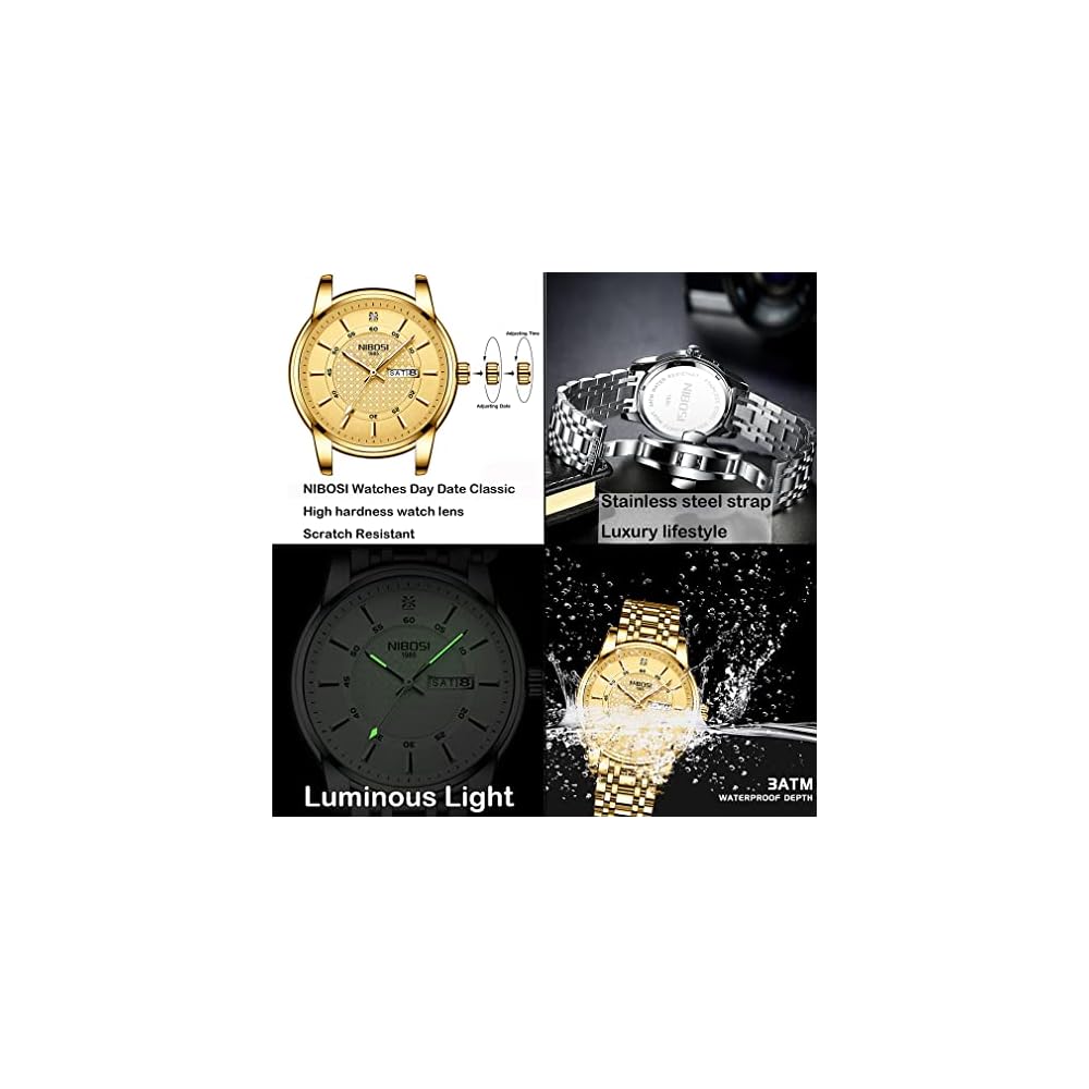 Nibosi Classic Men's Watch Gold Stainless Steel Analog Waterproof Casual with Date Display Metal Band
