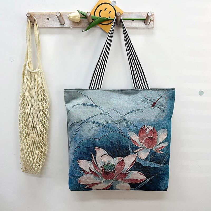Large capacity tote bag gold silk embroidery canvas bag source creative pattern single-sided embroidery women's shoulder bag