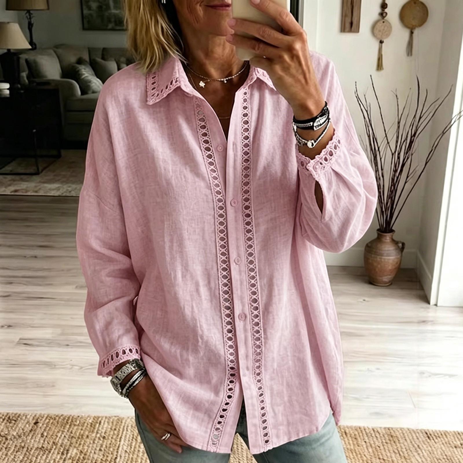 

Women s Casual Long Sleeve Shirt Lace Trim Splicing Button Down Blouse Lightweight Breathable Fabric Relaxed Fit Top S розовый