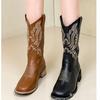 Emuy thick heel medium boots women's 2024 autumn and winter new French platform knight boots retro embroidered western cowboy boots