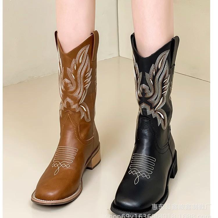 Emuy thick heel medium boots women's 2024 autumn and winter new French platform knight boots retro embroidered western cowboy boots