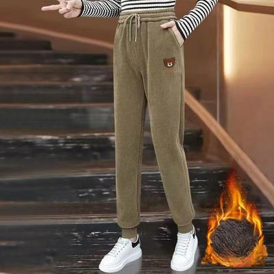 Toamnă Iarnă Cu talie înaltă Ursuleț de pluș brodat Pantaloni sport casual din catifea Pantaloni sanitari îngroșați