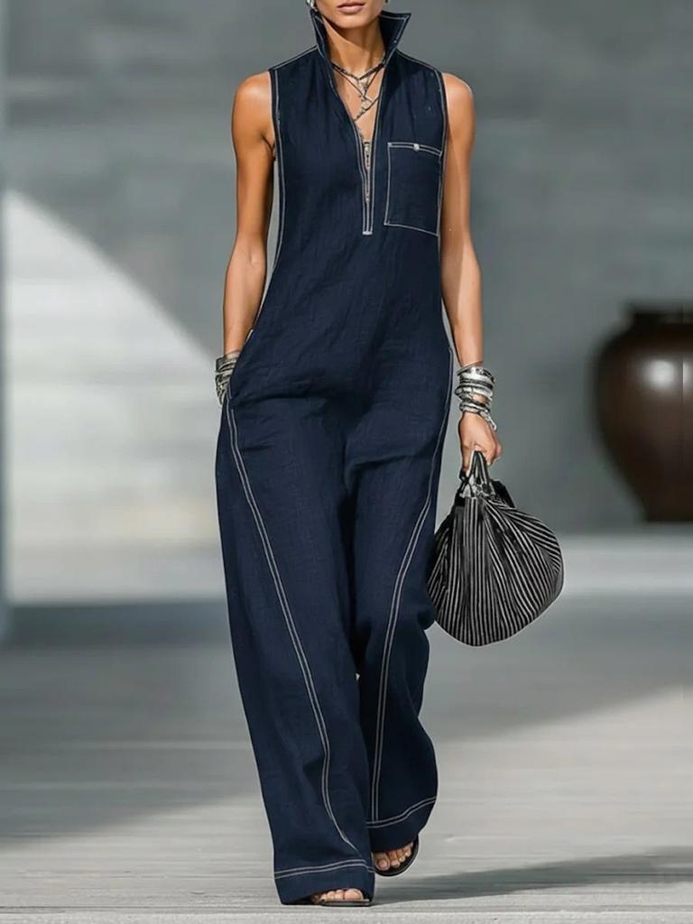 2026 new cross-border, European, American Amazon independent station women's stand-up collar sleeveless casual loose cotton and linen jumpsuit