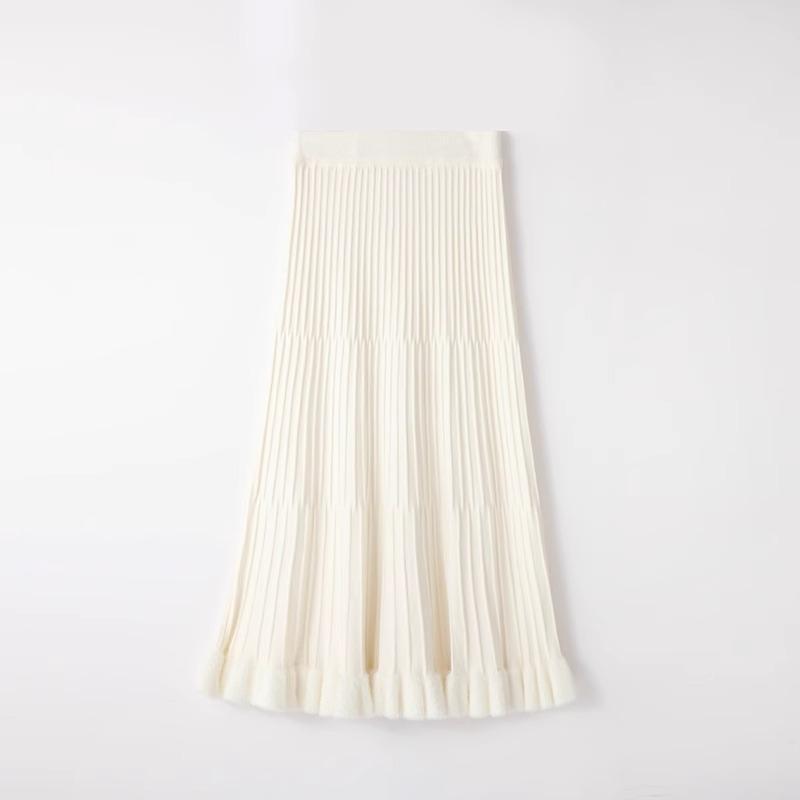 Damen Midirock mit hohem Bund, Drapierung und Rüschen - Herbst/Winter A-Linien Strick mit Patchwork und großem Schwungsaum.