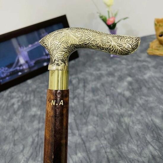 Antique Style Victorian Vintage Designer Brass Handle Cane Wooden Walking Stick