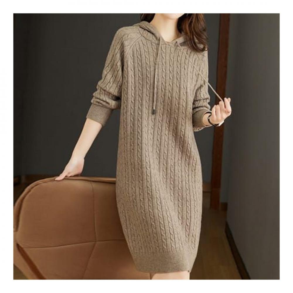 Navava Women Simple Daily Cable Hood Long Sleeve Knit Dress No630